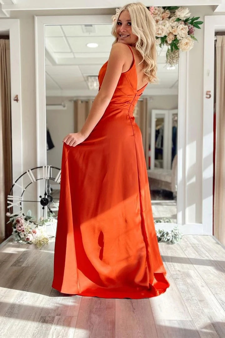 Satin Pleated V-Neck Backless Long PromDress