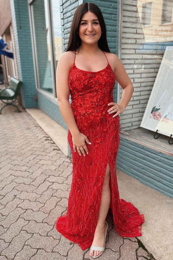 Floral Lace Scoop Neck Mermaid Long Prom Dress with Slit
