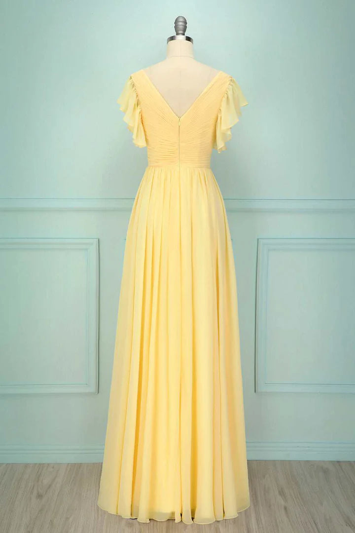 Yellow V-Neck Classic fit Ruffled Pleated Backless Bridesmaid Dress