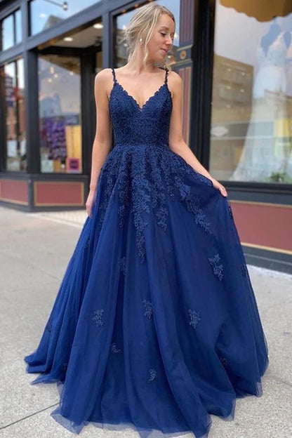Lace Appliqués V-Neck Lace-Up A-Line Prom Dress