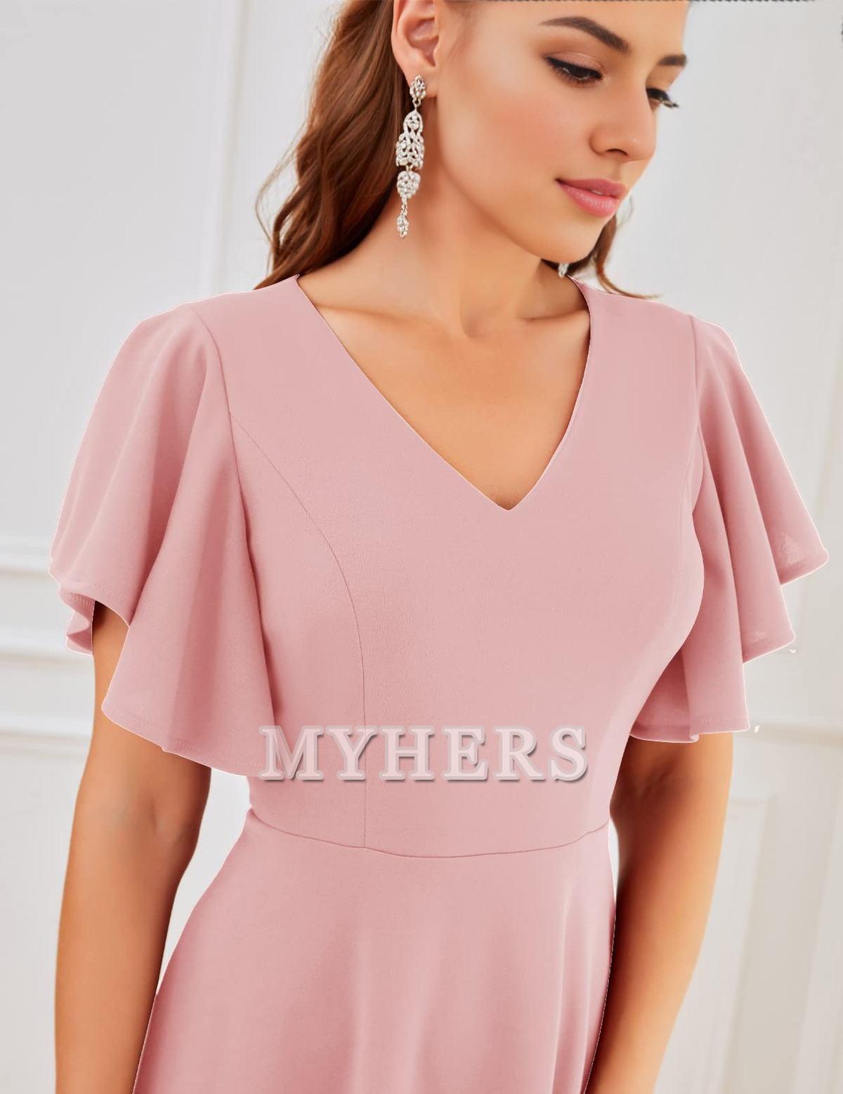 A Line V Neck Short Sleeve Elegant Simple Tea-Length Bridesmaid Dresses Wedding Guests Dresses