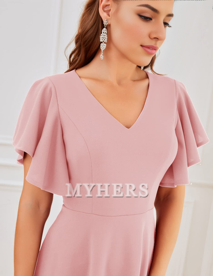 A Line V Neck Short Sleeve Elegant Simple Tea-Length Bridesmaid Dresses Wedding Guests Dresses