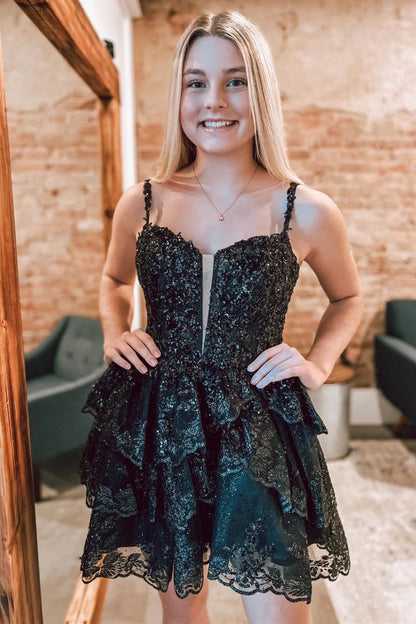 Tulle Sequin Lace-Up Tiered Short Gown
