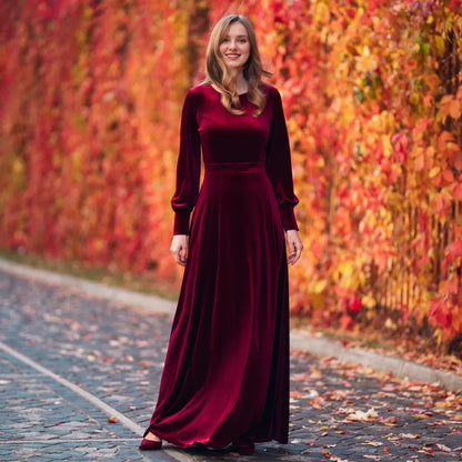 Autumn Winter Dress party Long sleeves Round Neck Velvet Dress Simple Elegant Bridesmaid Dress