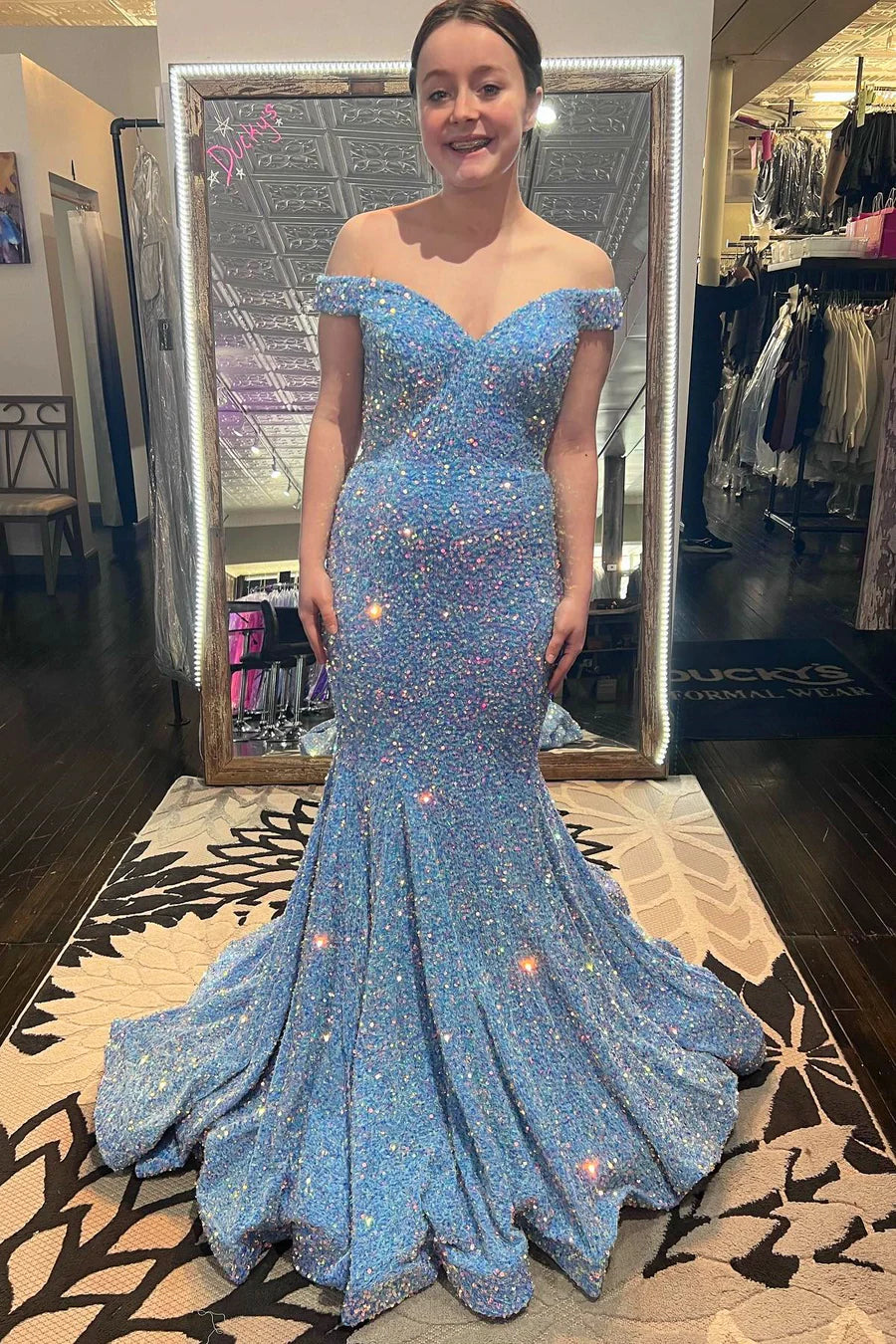 Sequin Off-the-Shoulder Trumpet Prom Dress