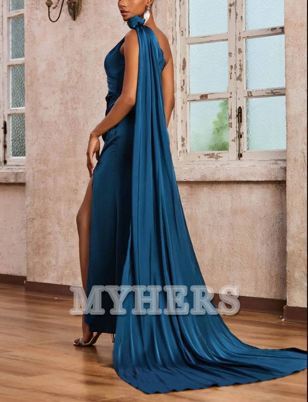 Formal Women's Dresses Floral One Shoulder Sleeveless Pleated Sheath Gown Side Fork Sweep Train Luxurious Evening Dress