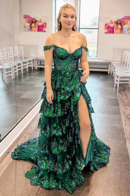 Fairytale Sequin-Embroidery Off-the-Shoulder Tiered Long Prom Dress with Slit