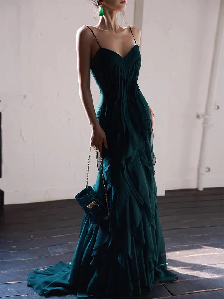 My Hers Prom Dress Sweetheart Spaghetti Strap Mermaid Ruffle Chiffon Long Irregular Unique Ladies Formal Dress