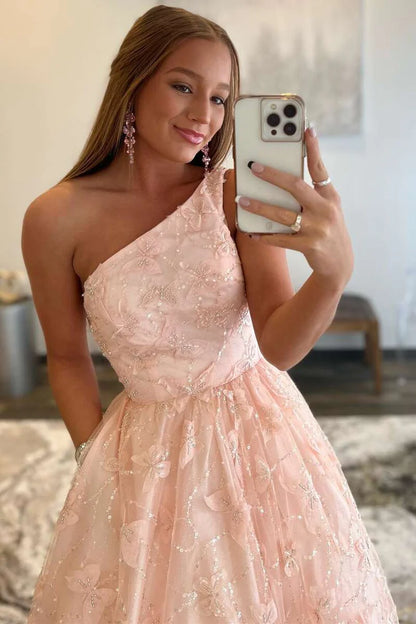 3D Butterfly  One-Shoulder A-Line Prom Dress