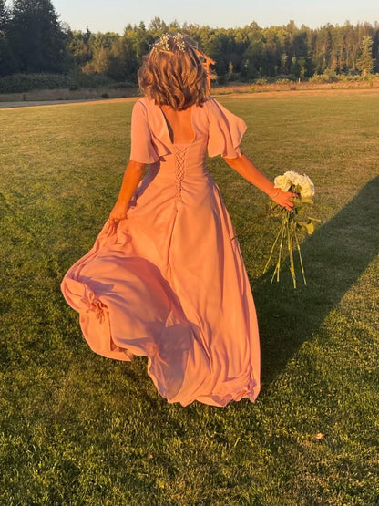 Elegant Flutter Sleeve Chiffon Scoop Neck A-Line Pleated Long Bridesmaid Dresses Wedding Guests Dresses