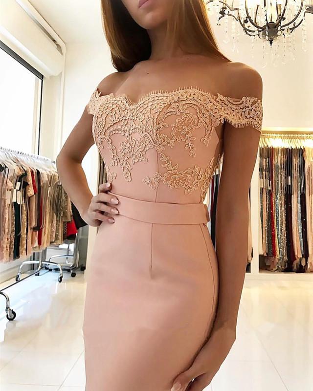 Sheath Mermaid Off The Shoulder Sweep/Brush Train Dresses Open Back Sexy Lace Evening Prom Dress