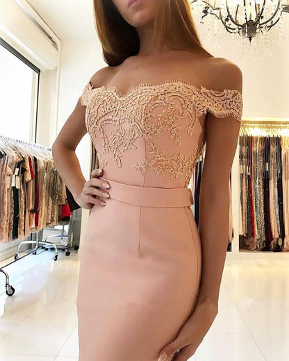 Sheath Mermaid Off The Shoulder Sweep/Brush Train Dresses Open Back Sexy Lace Evening Prom Dress