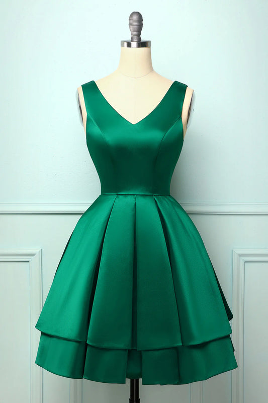 A Line V Neck Satin Green Short Mini Homecoming Dress