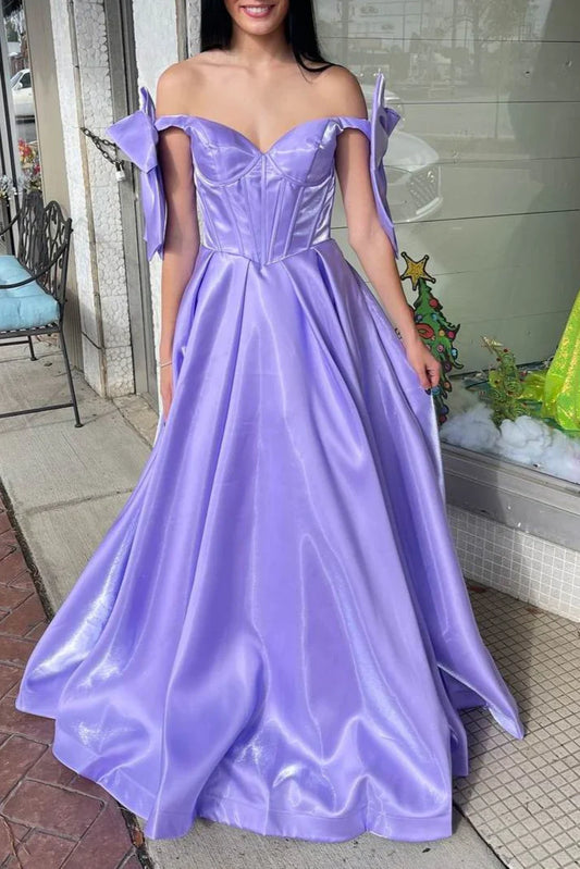 My Hers Ladies Formal Dress Elegant A Line Sweetheart Off The Shoulder Satin With Cute Bow Prom Dress