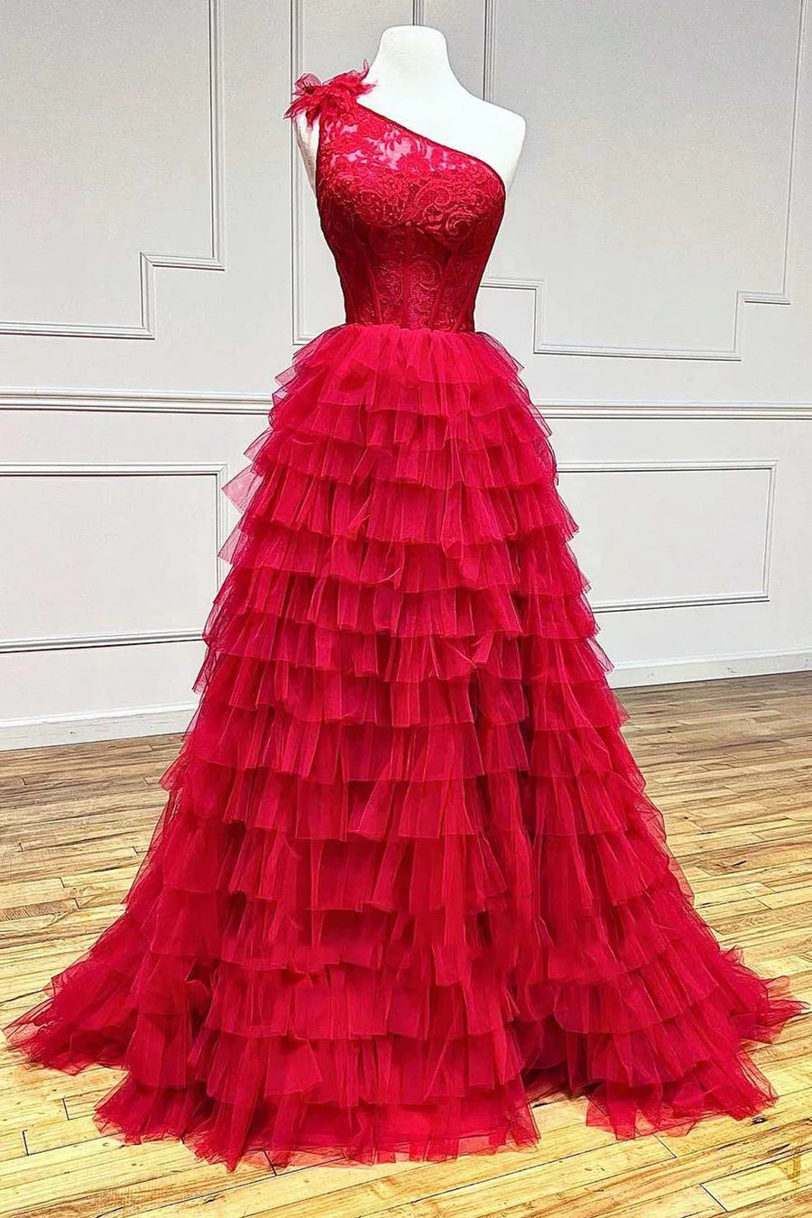 One-Shoulder  Lace A-Line Tiered Prom Dress with Ruffles