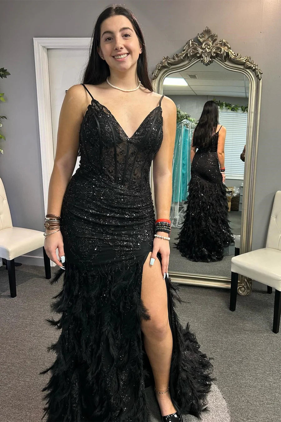 Tulle Sequin V-Neck Mermaid Long Prom Gown with Feathers
