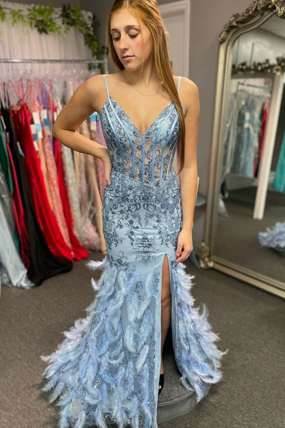 Tulle Sequin V-Neck Mermaid Long Prom Gown with Feathers