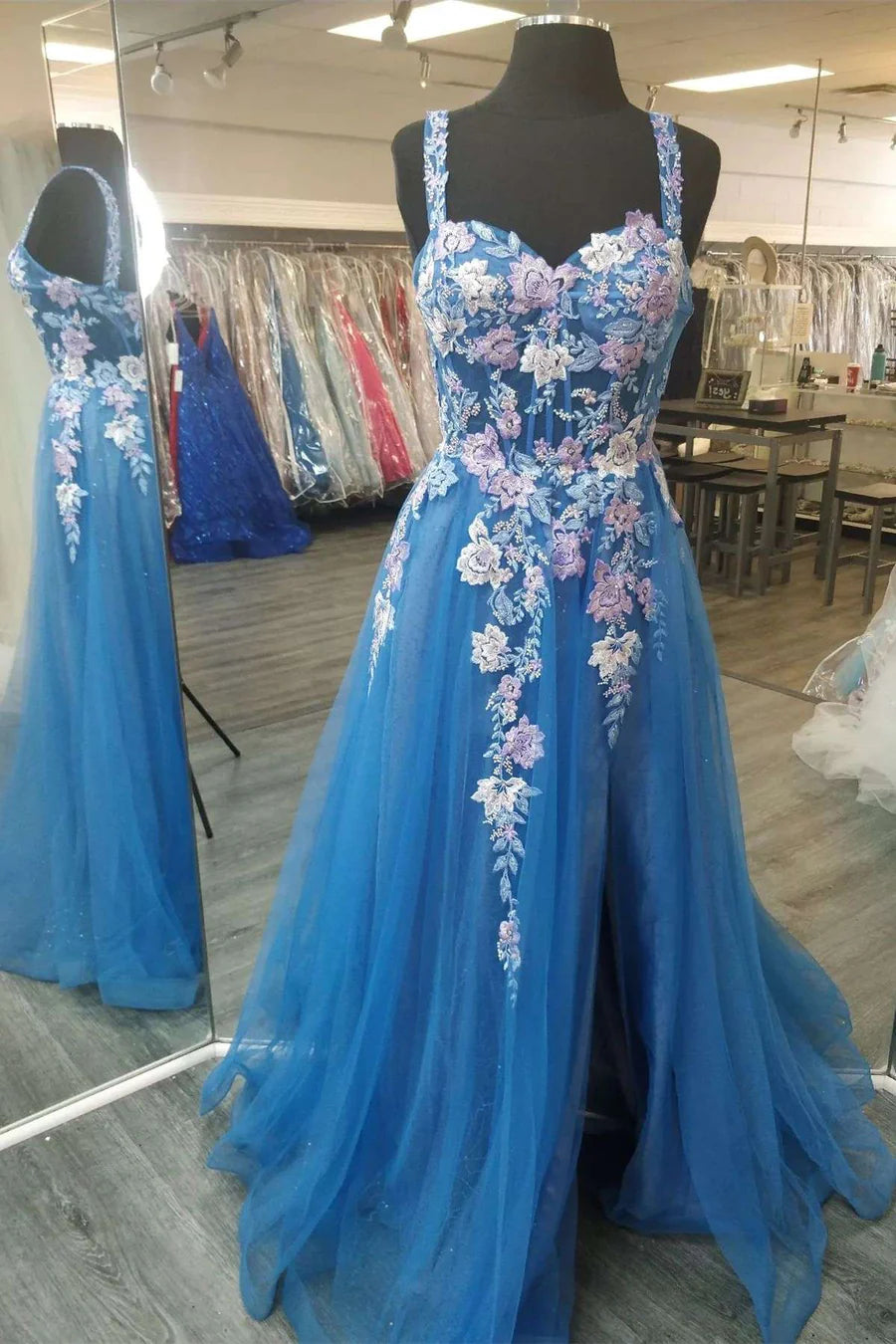 Floral Lace Sweetheart A-Line Prom Dress with Slit