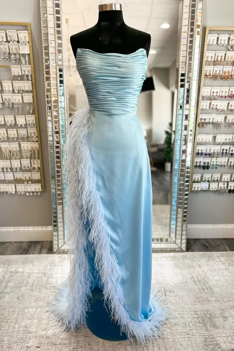 Feather Strapless Ruching Long Formal Dress with Slit
