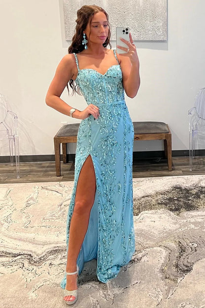 Applique Queen Anne Long Formal Dress with Slit