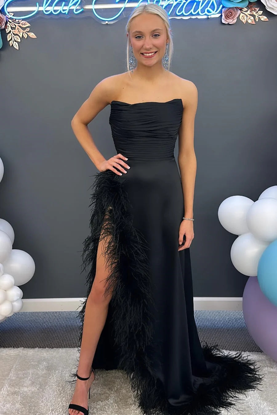 Feather Strapless Ruching Long Formal Dress with Slit
