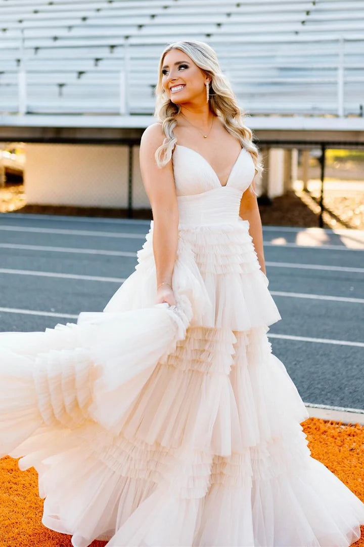 Tulle Multi-Tiered V-Neck Long Prom Dress