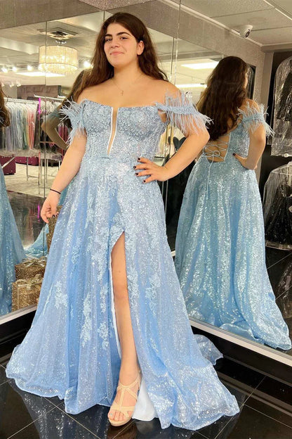 Sequin Feather Off-the-Shoulder Lace-Up A-Line Prom Dress