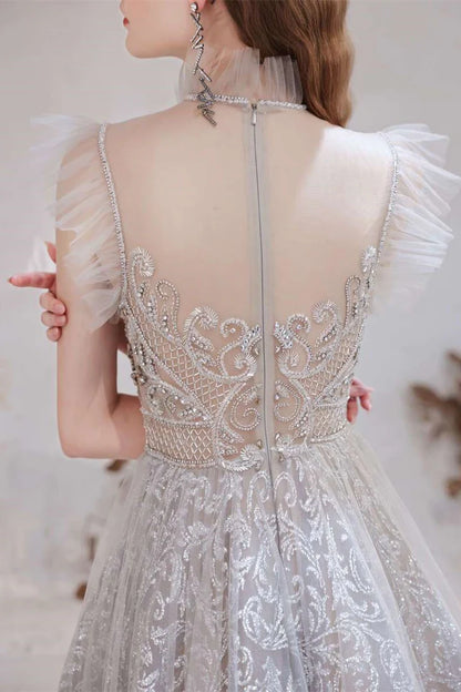 Elegant Lace Illusion A-line Prom Dress with Beaded and Rhinestone