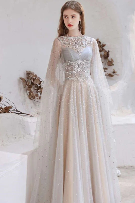 Glamorous  Tulle Beaded Long Prom Gown with Cape