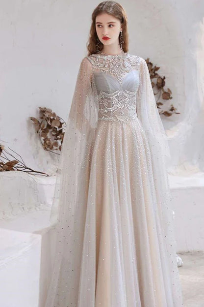 Glamorous  Tulle Beaded Long Prom Gown with Cape