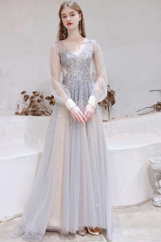 Tulle Beaded V-Neck Long Sleeve Prom Dress