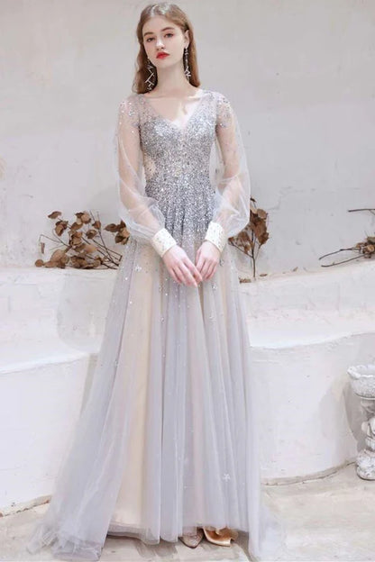 Tulle Beaded V-Neck Long Sleeve Prom Dress