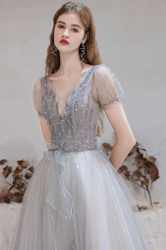 Tulle V-Neckline Long Prom Dress with Lace-Up Back