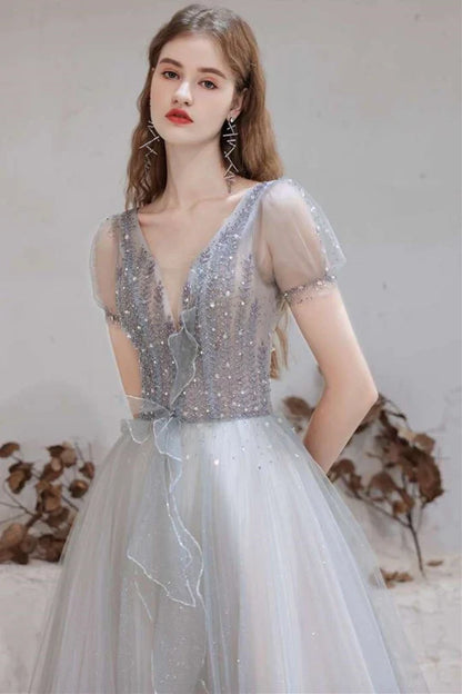 Tulle V-Neckline Long Prom Dress with Lace-Up Back