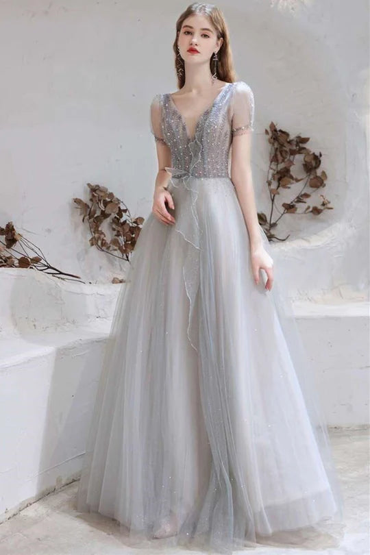 Tulle V-Neckline Long Prom Dress with Lace-Up Back