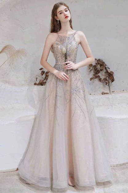 Tulle A-line Spaghetti Straps Beaded Long Prom Dress