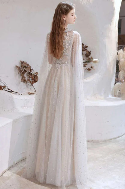 Glamorous  Tulle Beaded Long Prom Gown with Cape