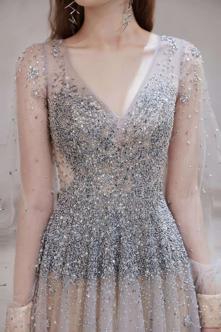 Tulle Beaded V-Neck Long Sleeve Prom Dress