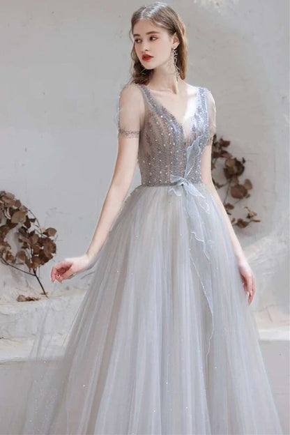 Tulle V-Neckline Long Prom Dress with Lace-Up Back