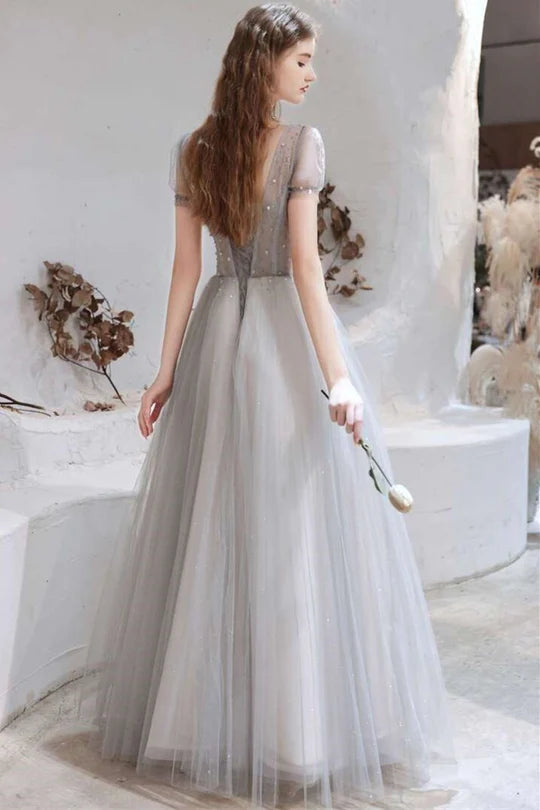 Tulle V-Neckline Long Prom Dress with Lace-Up Back