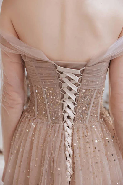 Tulle Sequins Off-the-Shoulder A-Line Prom Dress