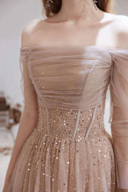 Tulle Sequins Off-the-Shoulder A-Line Prom Dress