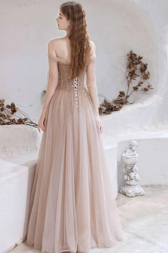 Tulle Sequins Off-the-Shoulder A-Line Prom Dress