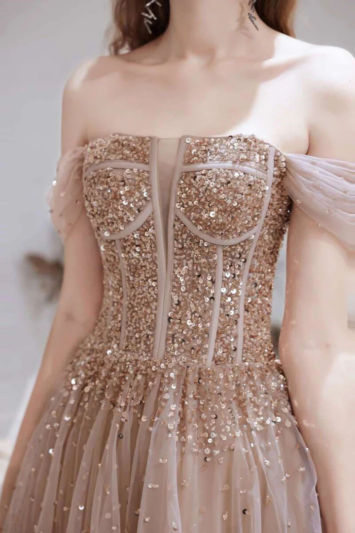 A-Line  Tulle Off-the-Shoulder Prom Dress with Sequins