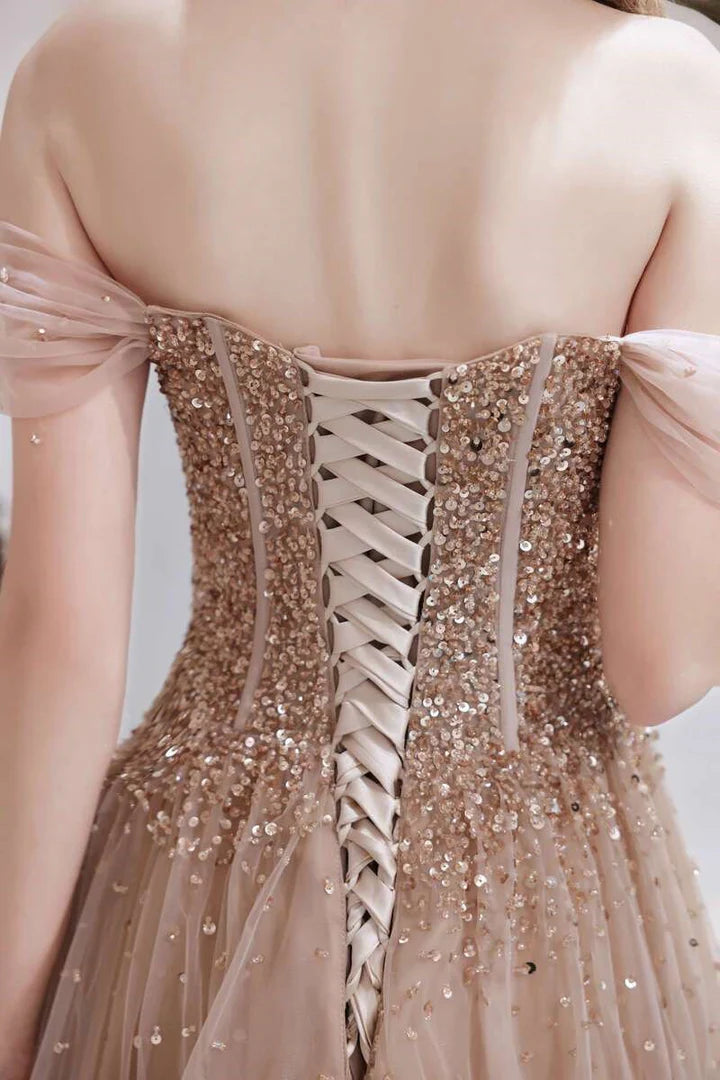 A-Line  Tulle Off-the-Shoulder Prom Dress with Sequins