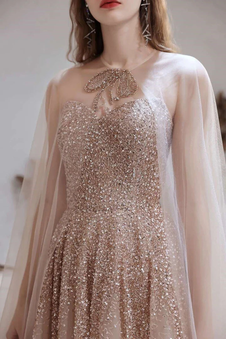 Gradient  Tulle Strapless Prom Gown with Cape