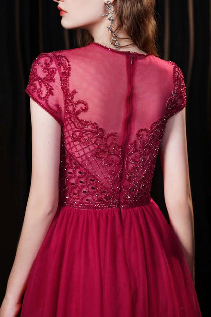 Tulle Cap Sleeve Round Neck Floor-length Prom Dress