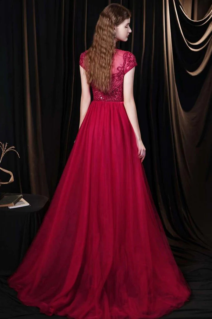 Tulle Cap Sleeve Round Neck Floor-length Prom Dress