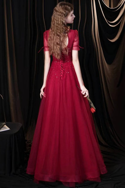 A-line Tulle High Collar Long Prom Dress with Sequins