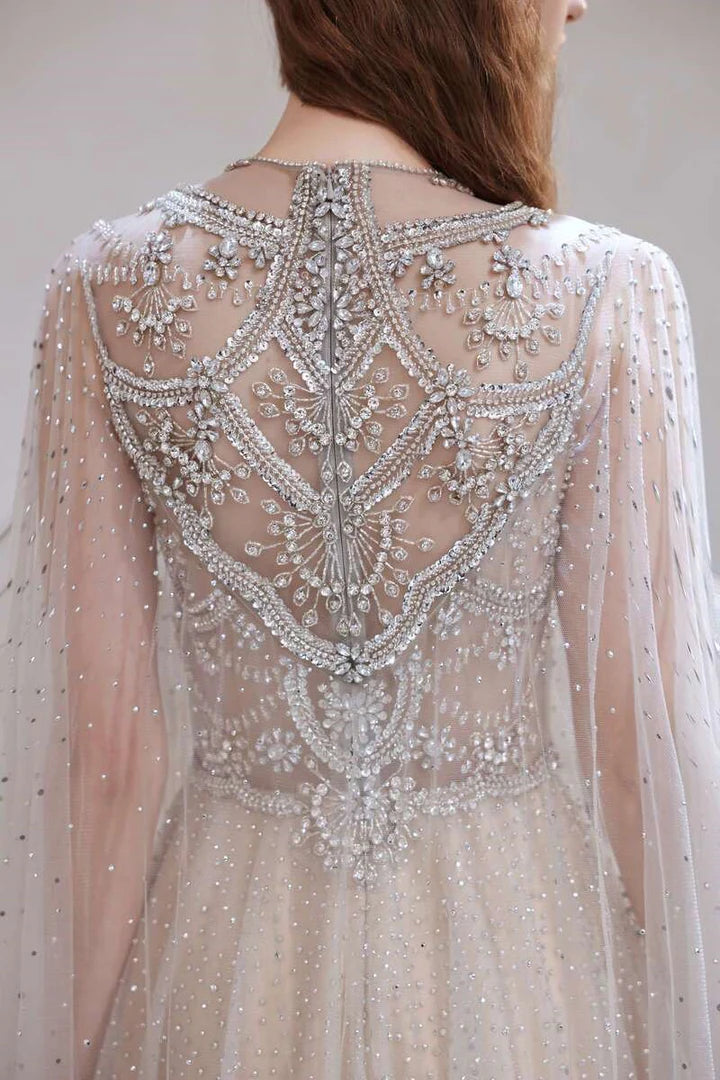 Glamorous  Tulle Beaded Long Prom Gown with Cape